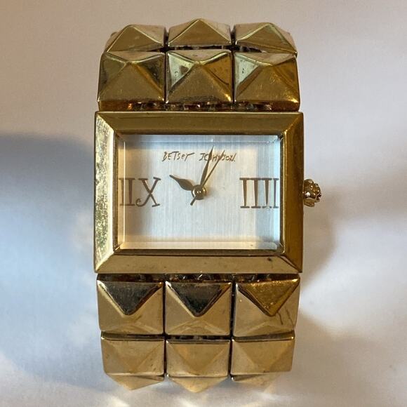 Betsey Johnson Gold Pyramid Stud Watch w/ Original Leopard Box – Needs Battery - Picture 2 of 11